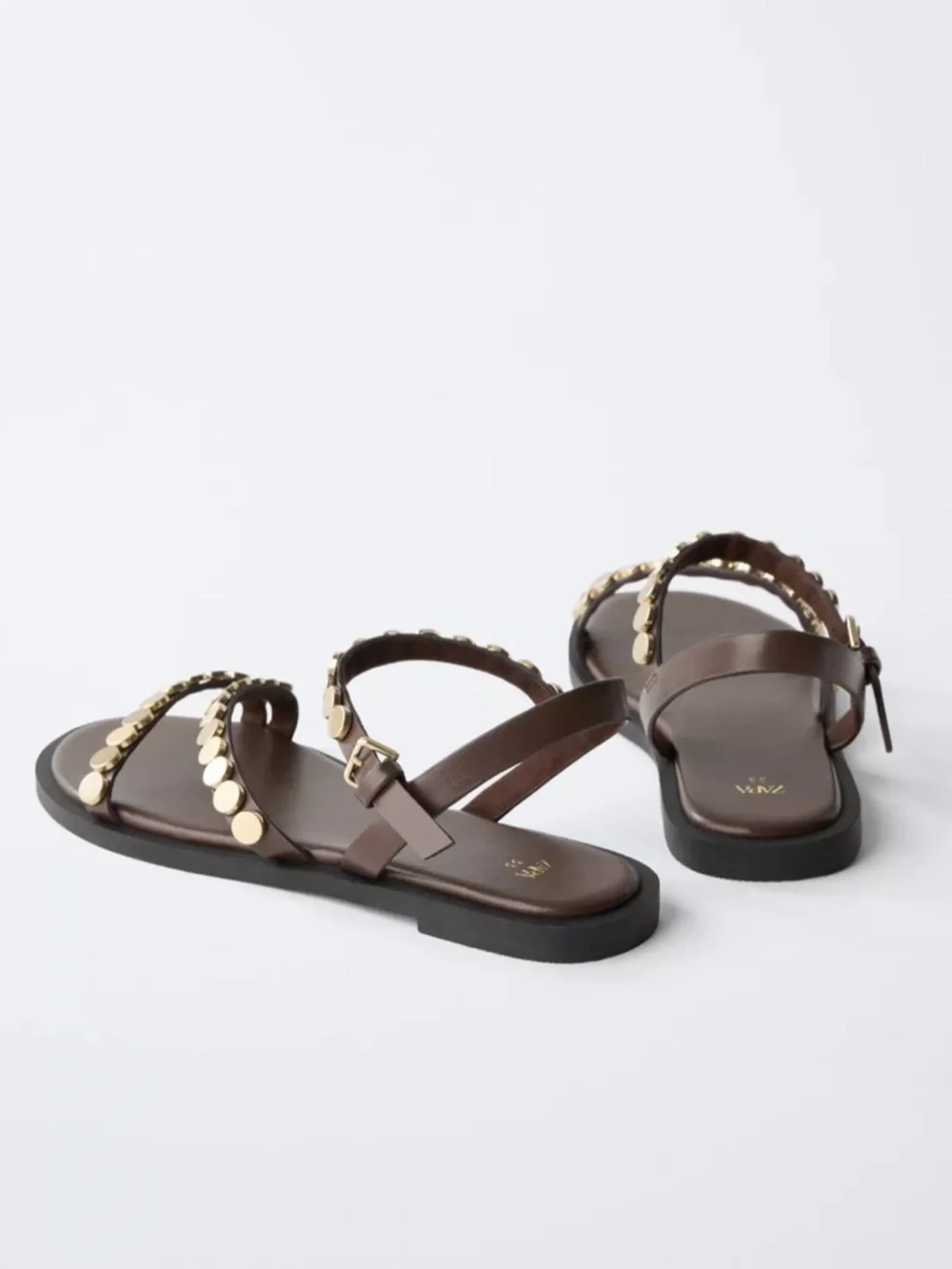 Zara Studded Strappy Sandals in Brown w/ Gold Rivets size 8 BRAND NEW never worn - Picture 5 of 6